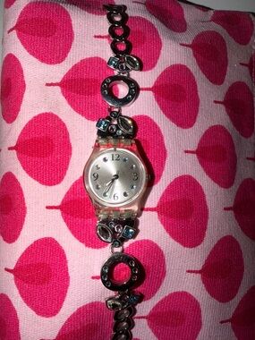 Swatch watch with pink + blue Swarovski crystals